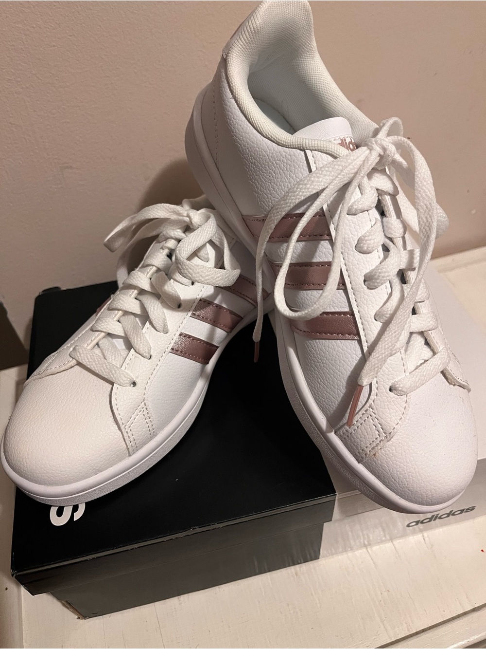 New ADIDAS White Sneakers with Rose Pink Three-Stripes